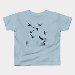 Silhouette Of A Flock Of Seagulls Scavenging Black Kids T-Shirt